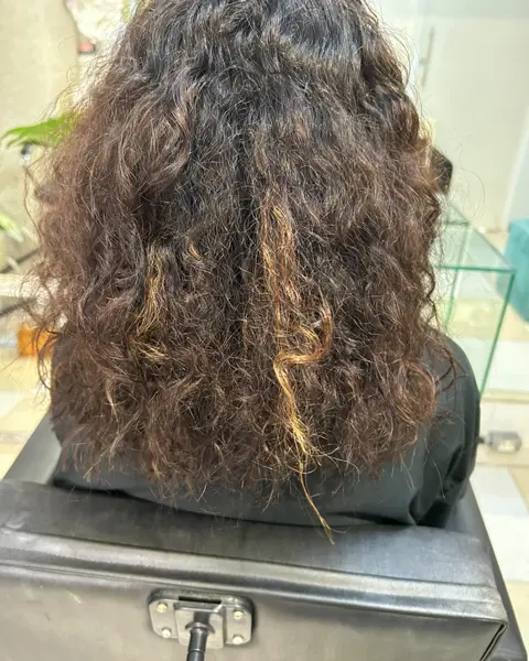 Cabelo ondulado castanho escuro com mecha antiga crescida e desbotada, antes do atendimento